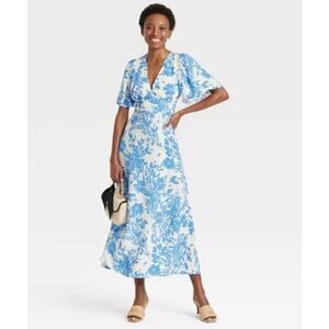 A New Day NWOT Women's Short Sleeve Maxi Sundress Blue White Floral 2
